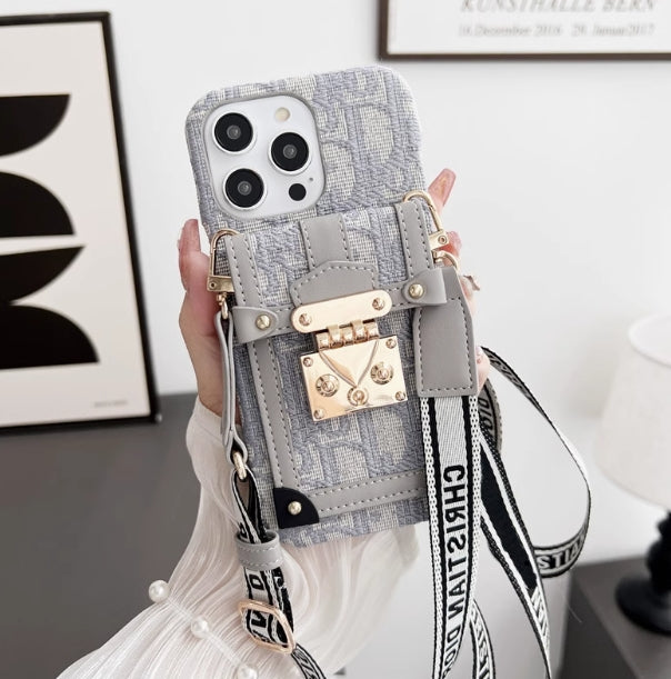 ライト高級 DIOR 斜めチェーン カード ホルダー刺繍携帯電話ケース iPhone