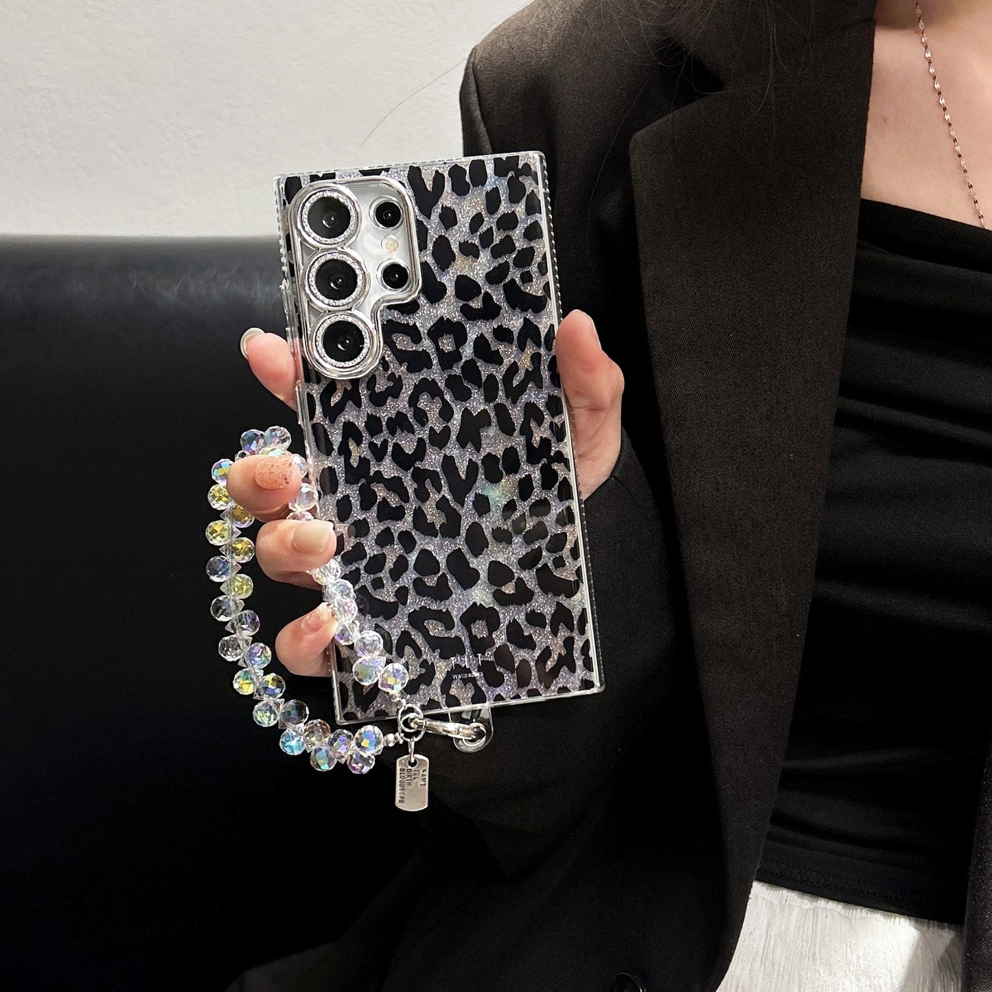 ダイヤモンド グリッター レーザー ヒョウ柄 リストチェーン 携帯電話ケース Samsung Galaxy S24/S23/S22 ultra用