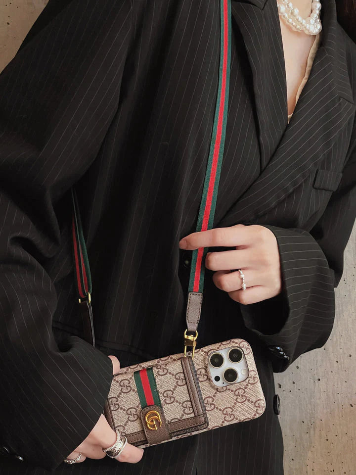 グッチ ラグジュアリー ストラップ カードホルダー レザー iPhone 用 携帯ケース