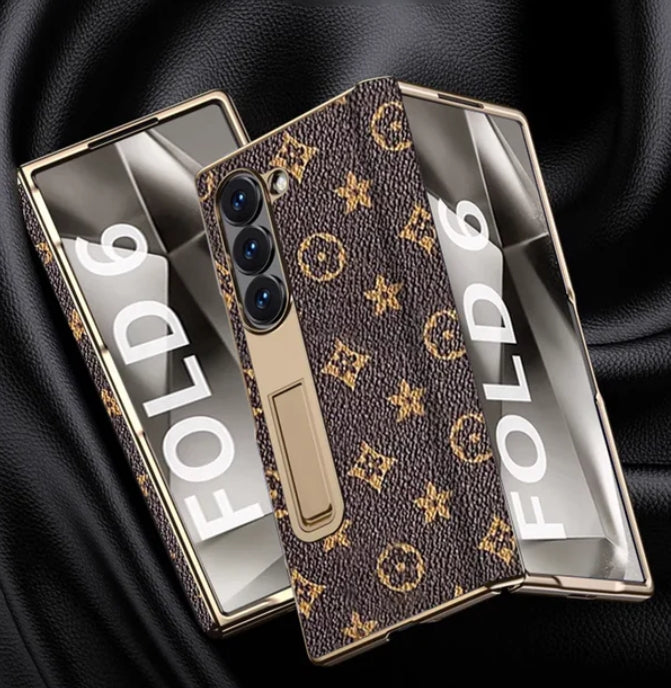 Samsung Z Fold3/4/5/6用高級ゴールド電気メッキプレミアムレザーカバー