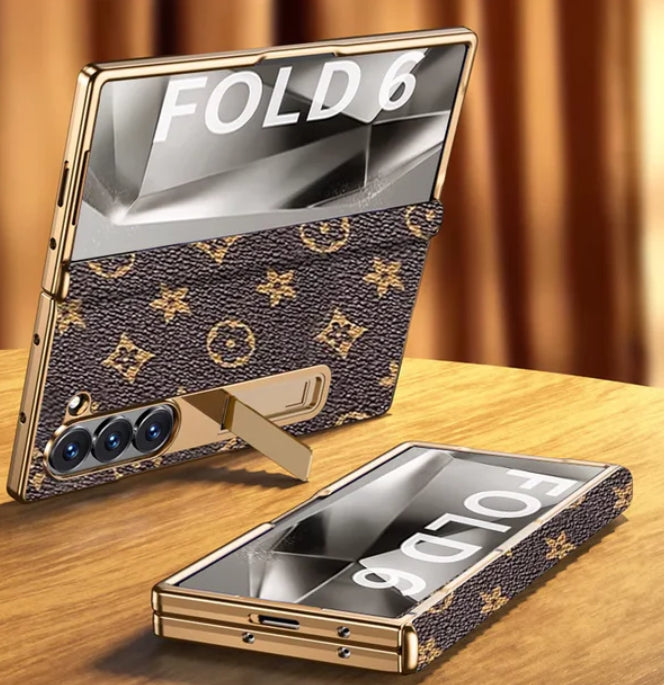 Samsung Z Fold3/4/5/6用高級ゴールド電気メッキプレミアムレザーカバー