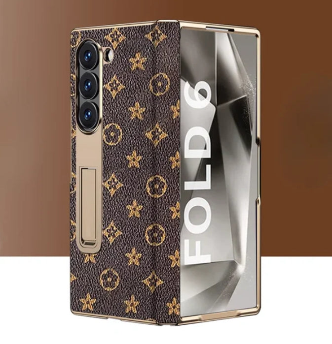 Samsung Z Fold3/4/5/6用高級ゴールド電気メッキプレミアムレザーカバー