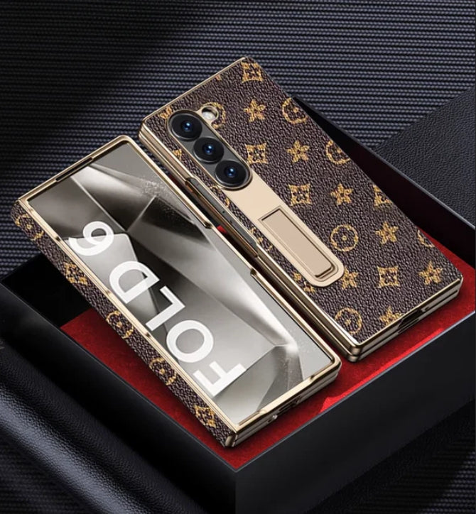 Samsung Z Fold3/4/5/6用高級ゴールド電気メッキプレミアムレザーカバー