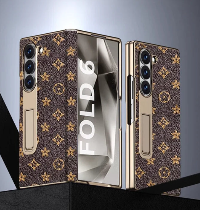 Samsung Z Fold3/4/5/6用高級ゴールド電気メッキプレミアムレザーカバー