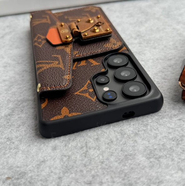 LVブランドレザーカードホルダースロットロックスリングカバーケースSamsung用