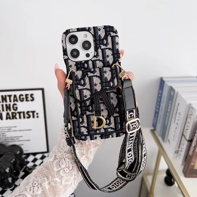 ライト高級 DIOR 斜めチェーン カード ホルダー刺繍携帯電話ケース iPhone