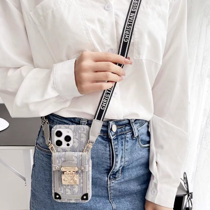 ライト高級 DIOR 斜めチェーン カード ホルダー刺繍携帯電話ケース iPhone