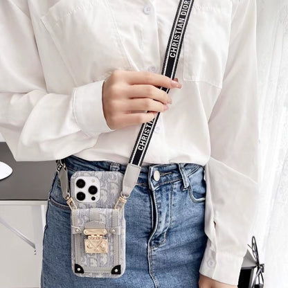 ライト高級 DIOR 斜めチェーン カード ホルダー刺繍携帯電話ケース iPhone