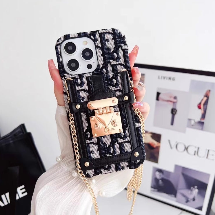 ライト高級 DIOR 斜めチェーン カード ホルダー刺繍携帯電話ケース iPhone