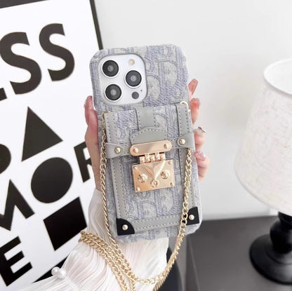 ライト高級 DIOR 斜めチェーン カード ホルダー刺繍携帯電話ケース iPhone