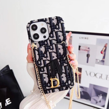 ライト高級 DIOR 斜めチェーン カード ホルダー刺繍携帯電話ケース iPhone