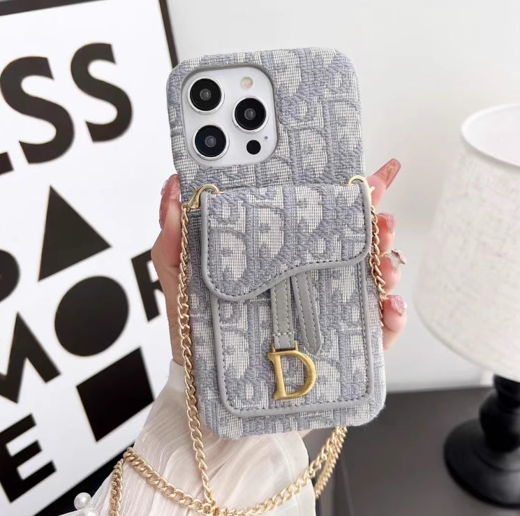 ライト高級 DIOR 斜めチェーン カード ホルダー刺繍携帯電話ケース iPhone