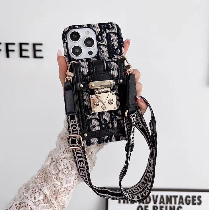 ライト高級 DIOR 斜めチェーン カード ホルダー刺繍携帯電話ケース iPhone