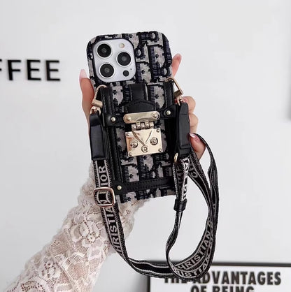 ライト高級 DIOR 斜めチェーン カード ホルダー刺繍携帯電話ケース iPhone