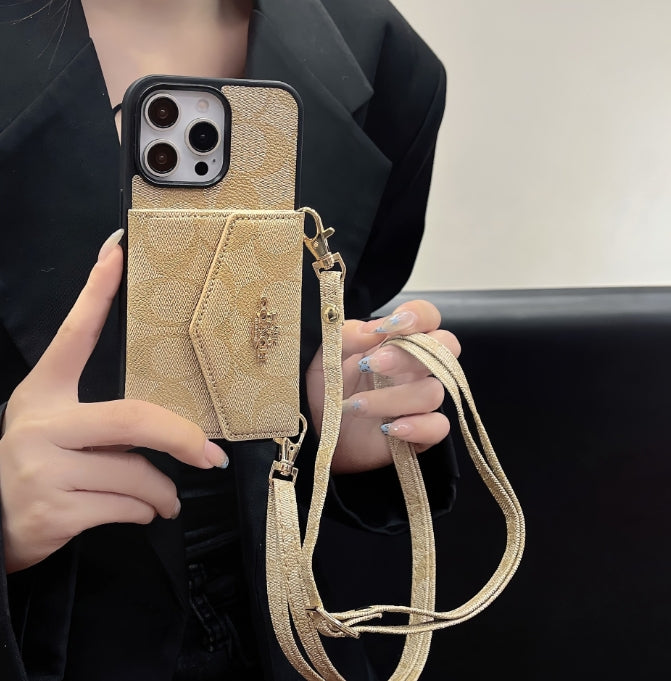 コーチ iPhone ケース カードホルダーとストラップ付き ダーク