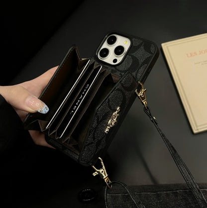 コーチ iPhone ケース カードホルダーとストラップ付き ダーク