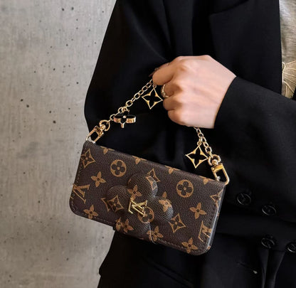 LV ハイエンド フリップ チェーン: 究極の iPhone レザー ウォレット ケース