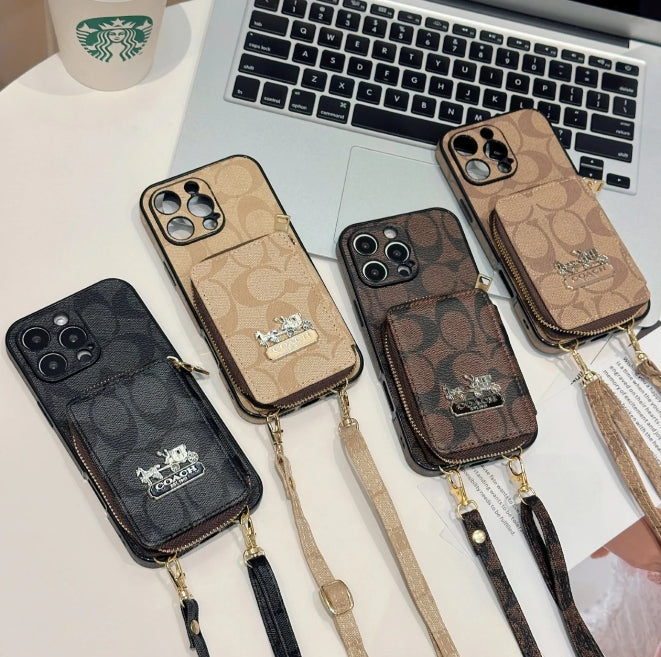 コーチ キャリッジ ロゴ レザー コインケース iPhone 用 ストラップ ケース