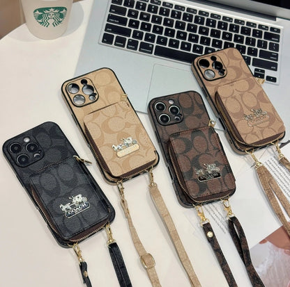 コーチ キャリッジ ロゴ レザー コインケース iPhone 用 ストラップ ケース
