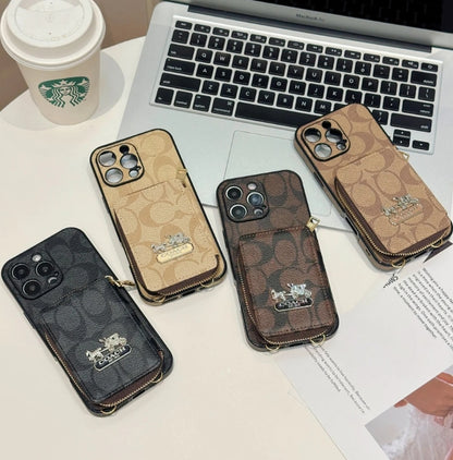 コーチ キャリッジ ロゴ レザー コインケース iPhone 用 ストラップ ケース