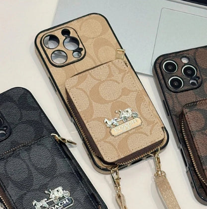 コーチ キャリッジ ロゴ レザー コインケース iPhone 用 ストラップ ケース