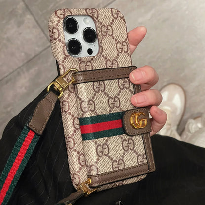 グッチ ラグジュアリー ストラップ カードホルダー レザー iPhone 用 携帯ケース