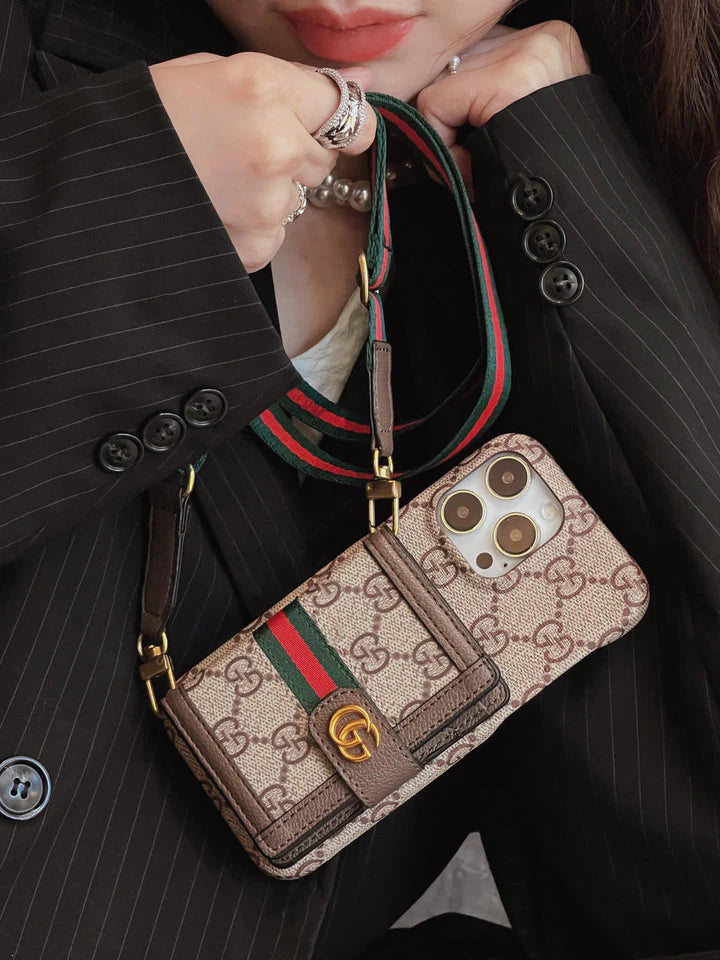 グッチ ラグジュアリー ストラップ カードホルダー レザー iPhone 用 携帯ケース