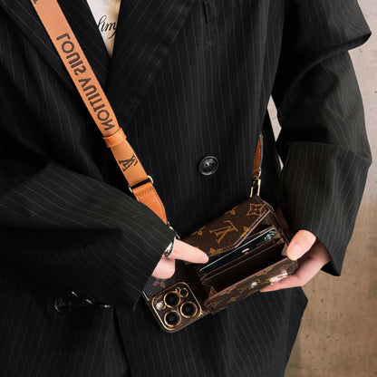 高級レザー iPhone ケース ウォレットとストラップ付き ブラウン