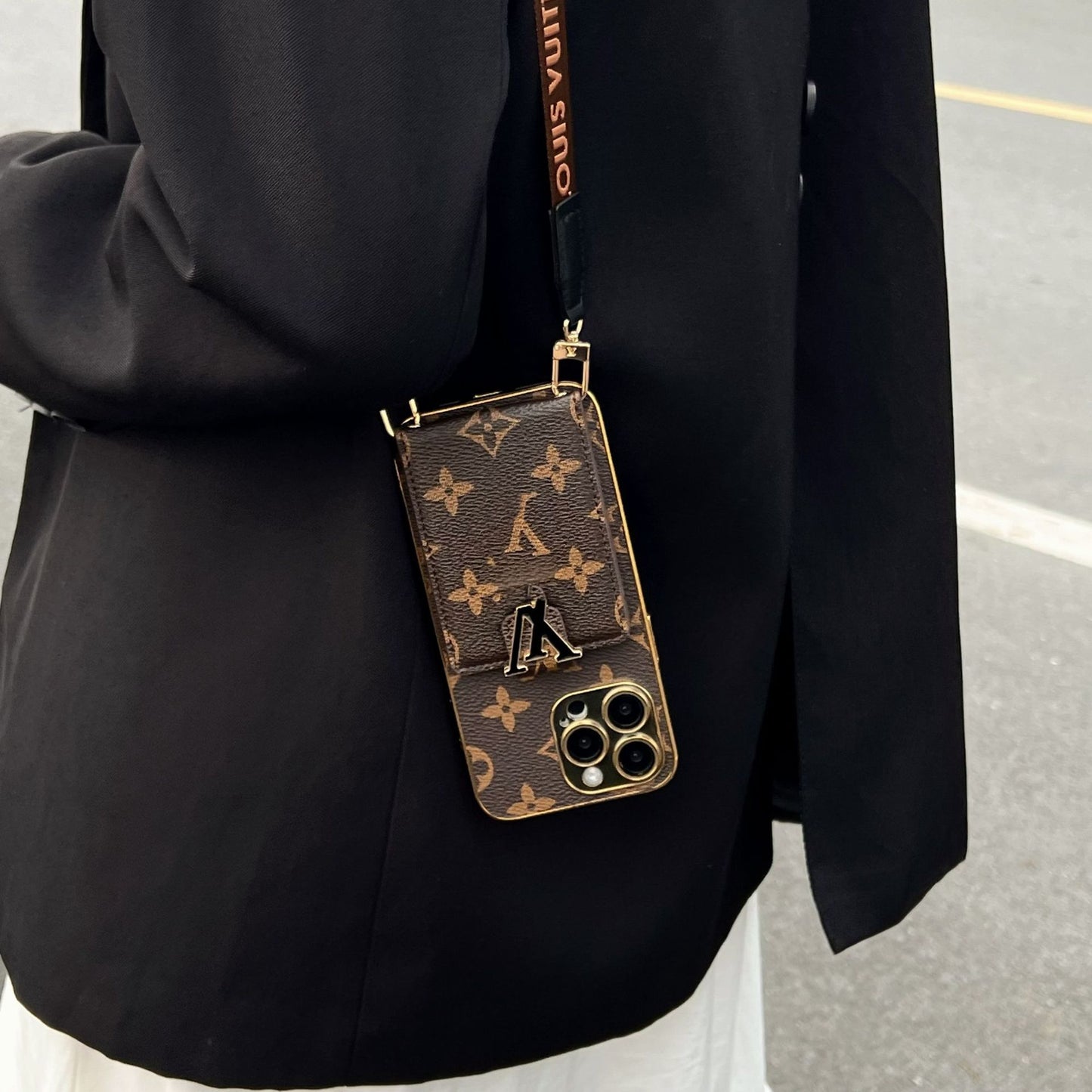 LV クラシック プリント レザー カード クロスボディ ケース iPhone 用