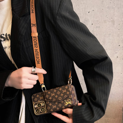 高級レザー iPhone ケース ウォレットとストラップ付き ブラウン