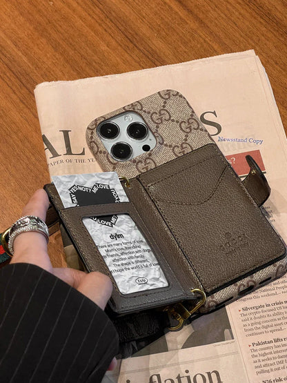 グッチ ラグジュアリー ストラップ カードホルダー レザー iPhone 用 携帯ケース