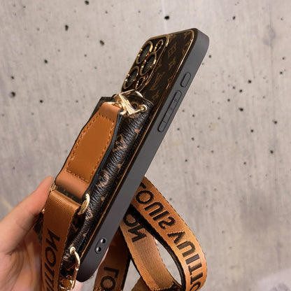 高級レザー iPhone ケース ウォレットとストラップ付き ブラウン
