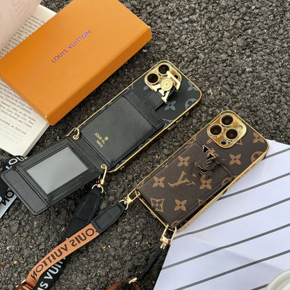LV クラシック プリント レザー カード クロスボディ ケース iPhone 用