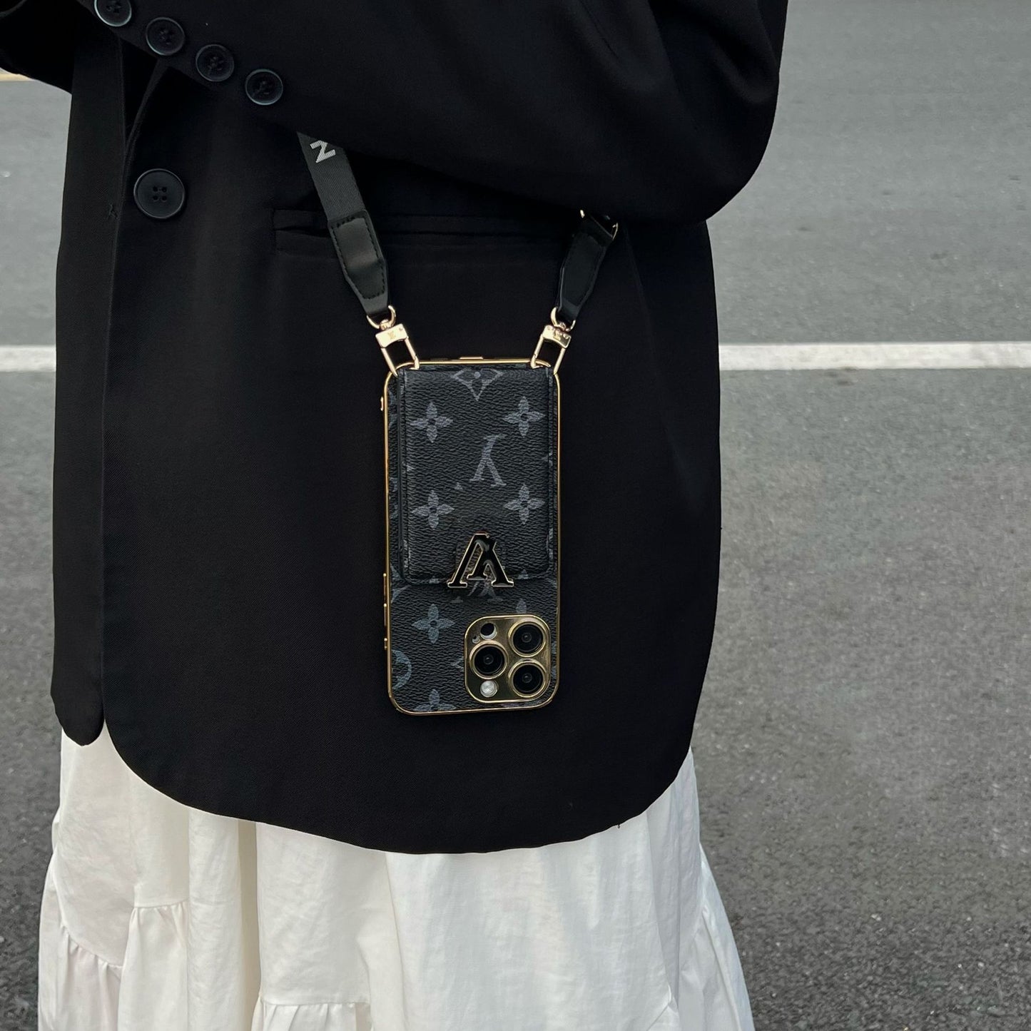 LV クラシック プリント レザー カード クロスボディ ケース iPhone 用