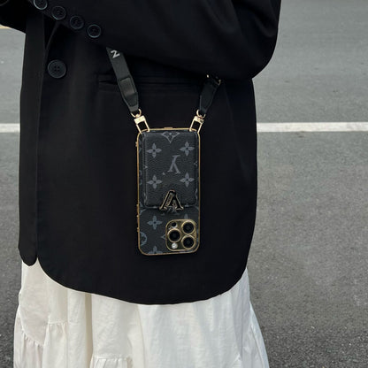 LV クラシック プリント レザー カード クロスボディ ケース iPhone 用